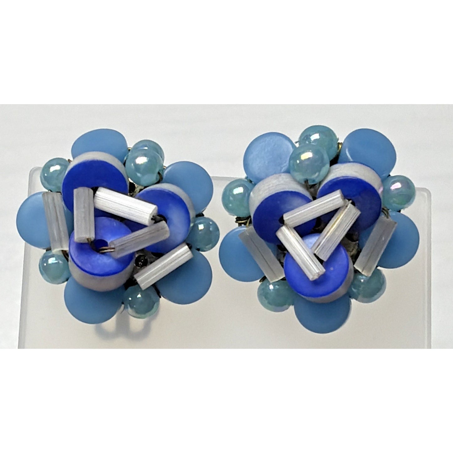 Japan Blue White Multi Strand Beaded Necklace Clip Earrings Jewelry Set As Is
