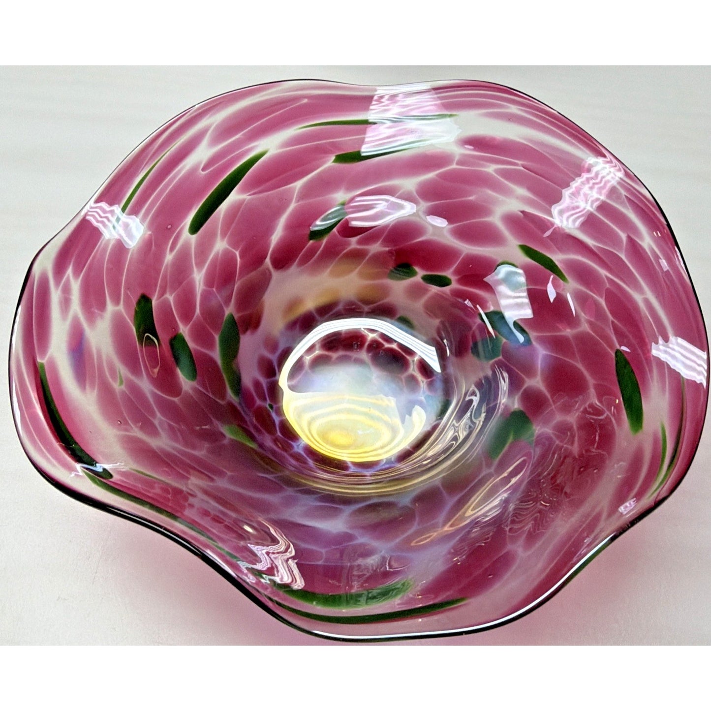 Vintage Blown Glass Bowl Iridescent Mottled Green Cranberry Purple Gold