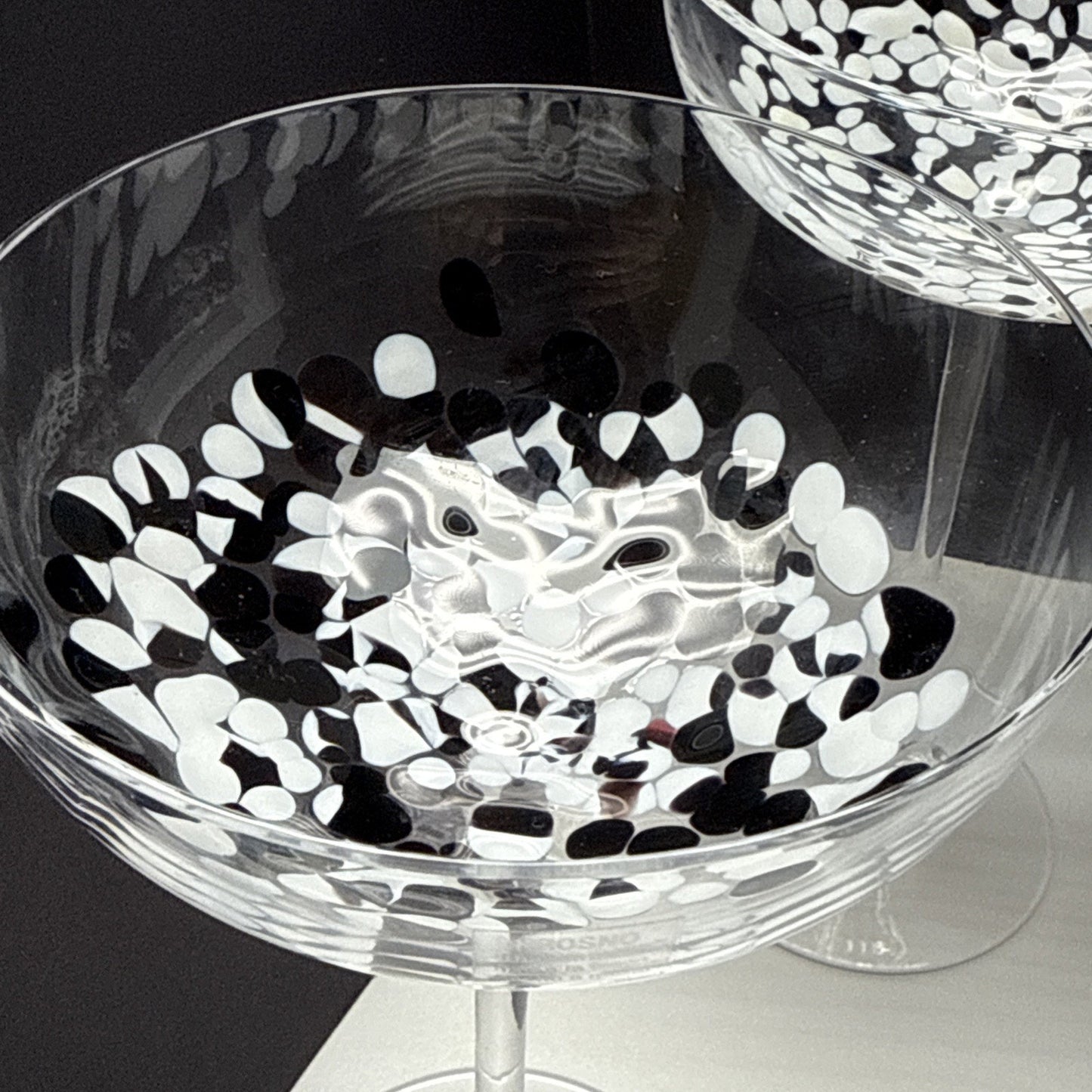 Lot of 4 Krosno Poland Long Stem Champagne Coupe Black White Mottled Marbled