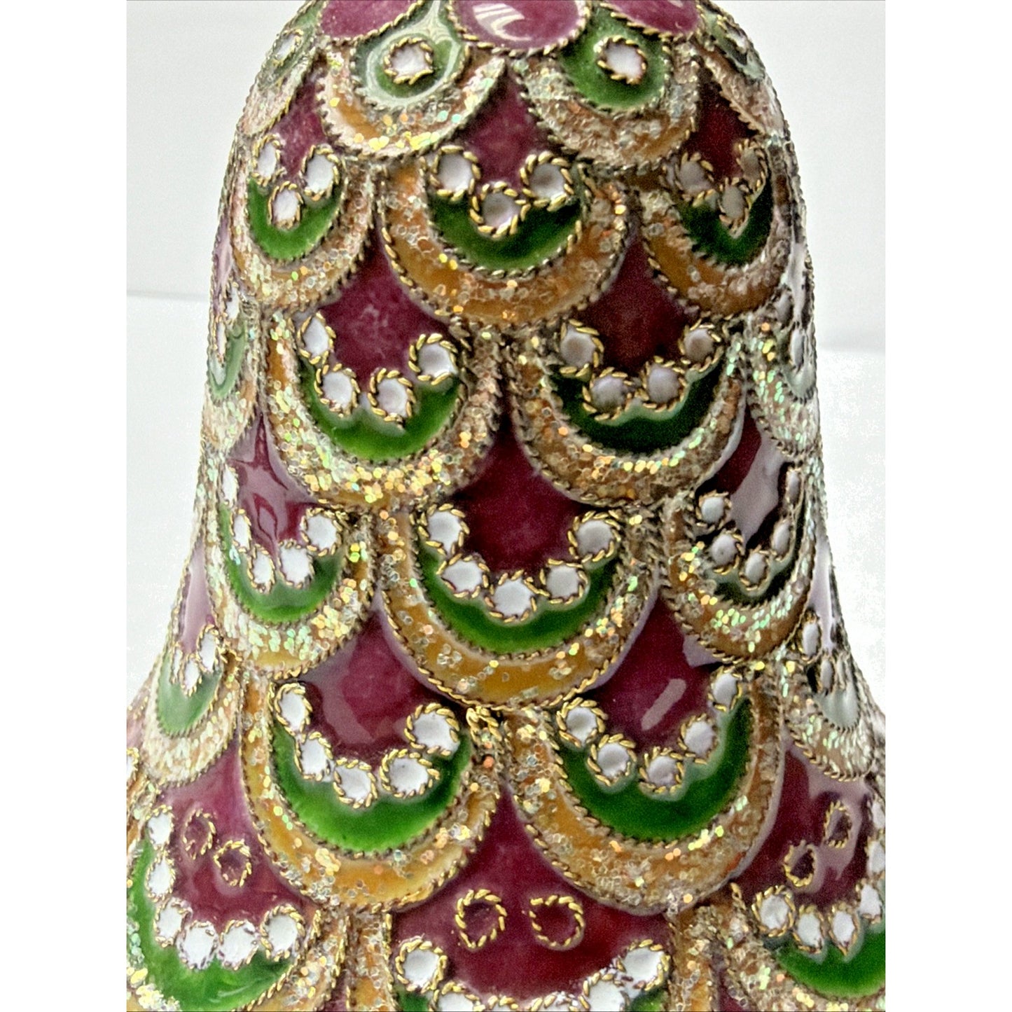 Vtg Enamel Cloisonné Bell Ornament Purple Green Gold Scallop Tree Feather As Is