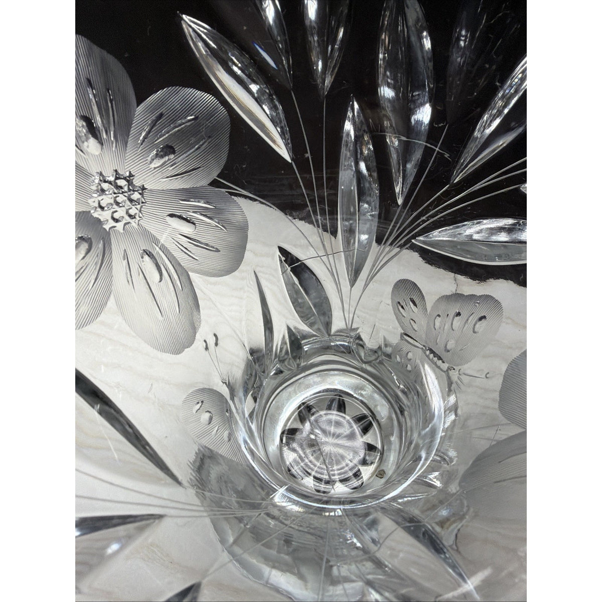 ABP Pairpoint Glass Cut Crystal Murillo Butterfly Daisy Vase Corset Trumpet Flar