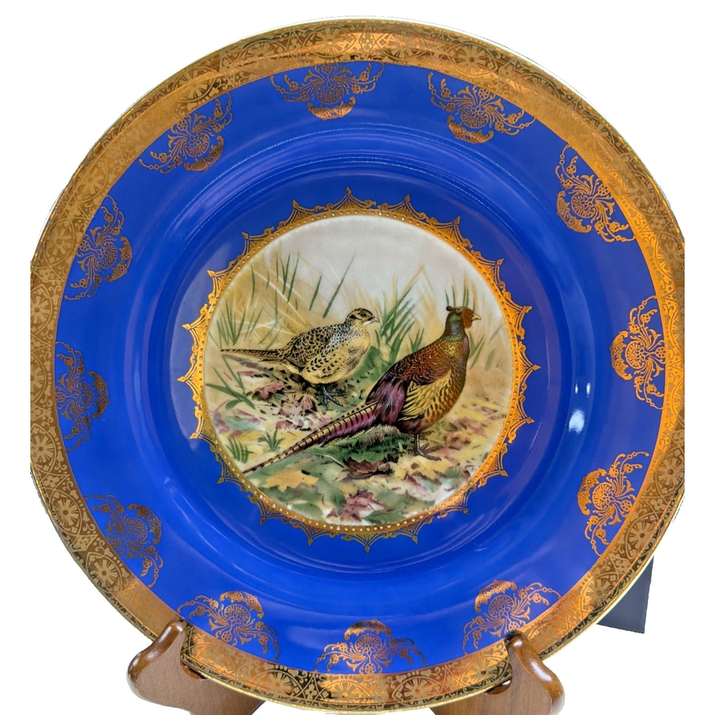 Vintage STW Bavaria Game Plate Cobalt Blue Pheasants Gold Gilt Trim Ornate