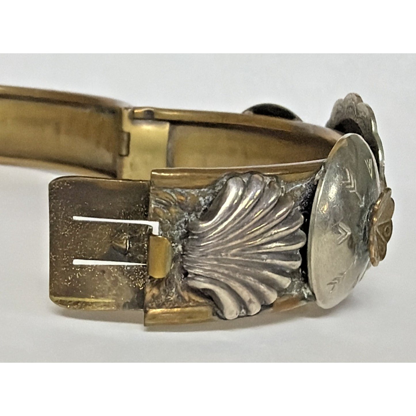 Victorian Brass Hinged Embossed Cuff Bracelet Mixed Metal Concho Western As Is
