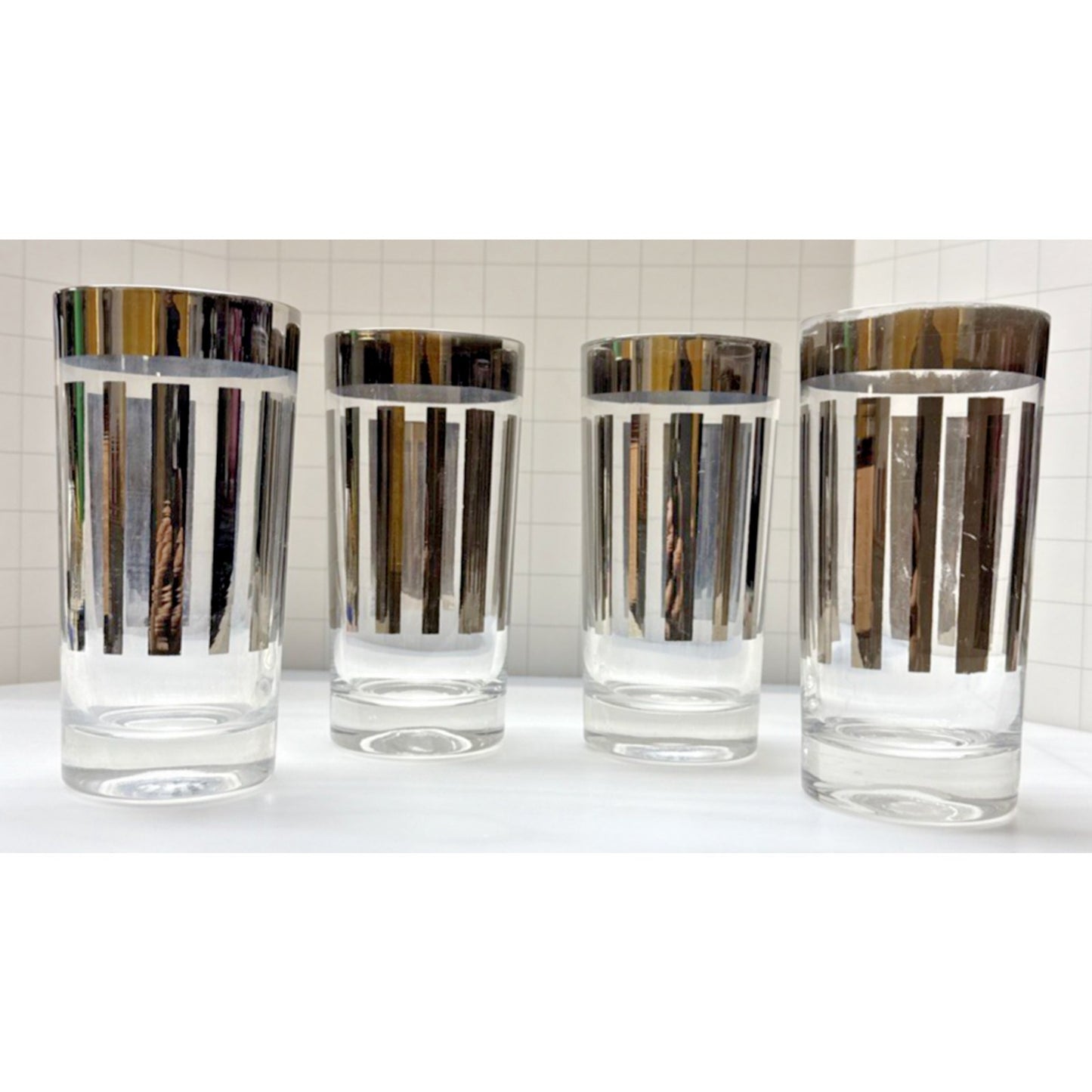 MCM Lot of 4 Dorothy Thorpe Silver Striped 5.5 in Highball Tumblers