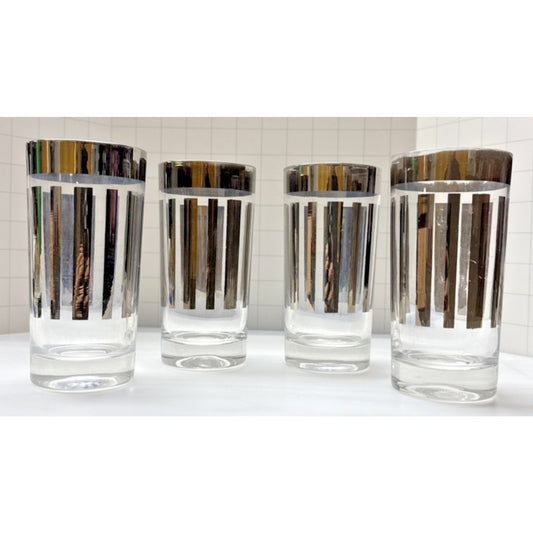 MCM Lot of 4 Dorothy Thorpe Silver Striped 5.5 in Highball Tumblers