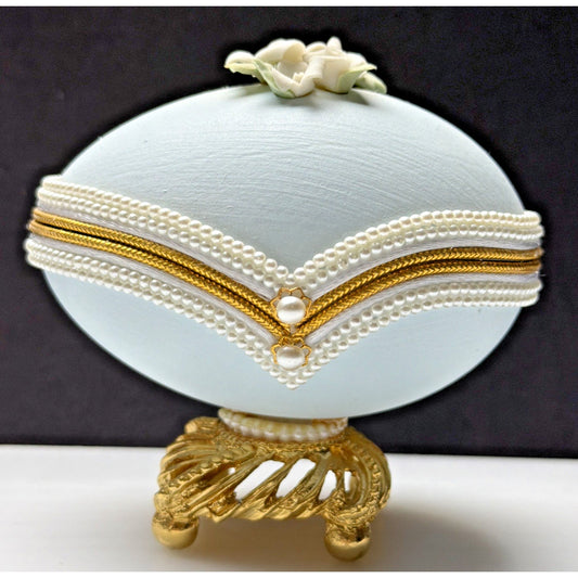 Egg Fantasy Hand Decorated Goose Egg Blue Trinket Jewelry Box Porcelain Flowers