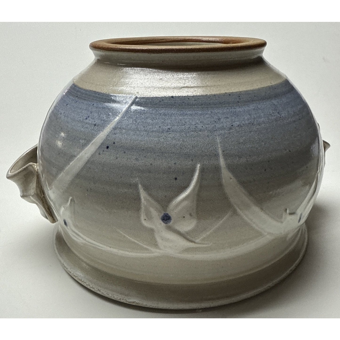 Noble Studio Art Pottery Casserole Lidded Trillium Blue White Handles