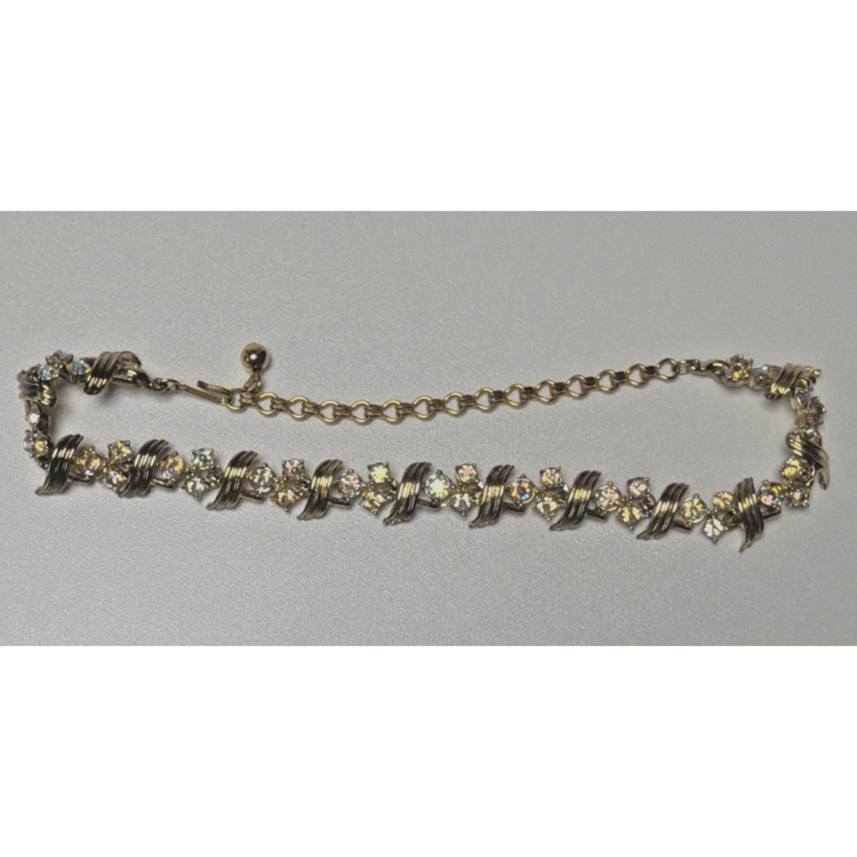 Vintage Aurora Borealis Crystal Choker Link Gold Tone Necklace Adjustable As Is