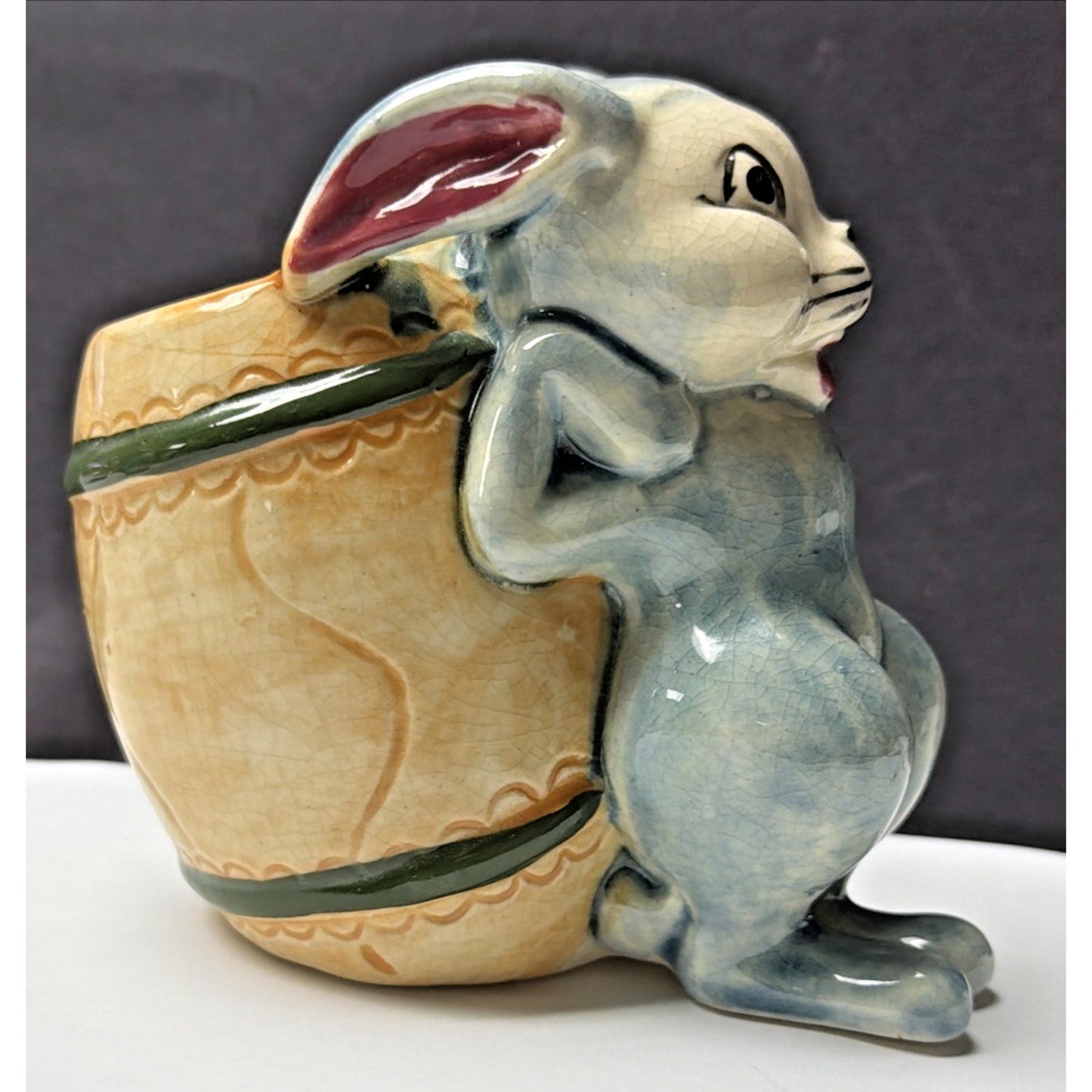 Vintage MK Japan Anthropomorphic Bunny Rabbit Ceramic Barrel Egg Vase Easter
