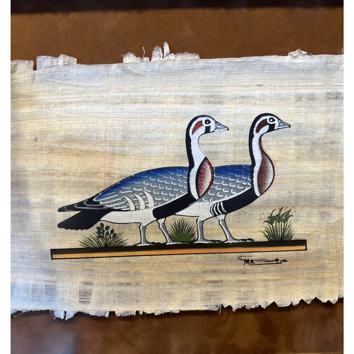 Vtg Delta Papyrus Factory Egypt Painting Geese Signed Birds Framed Certificate