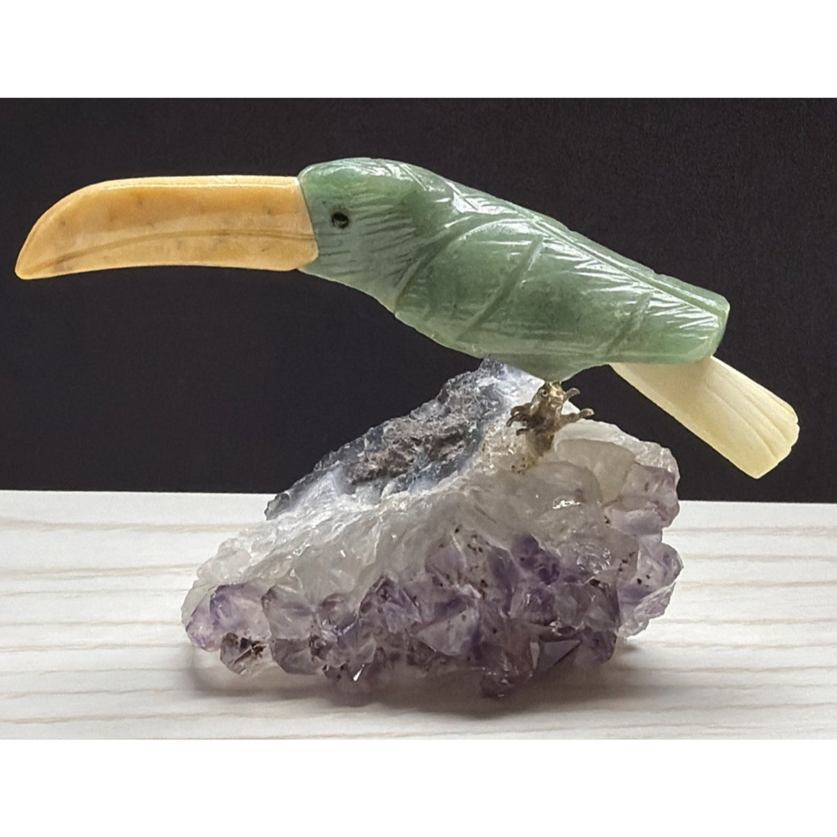 Vintage Brazilian Green Stone Toucan Bird Sculpture Amethyst Crystal Base As Is