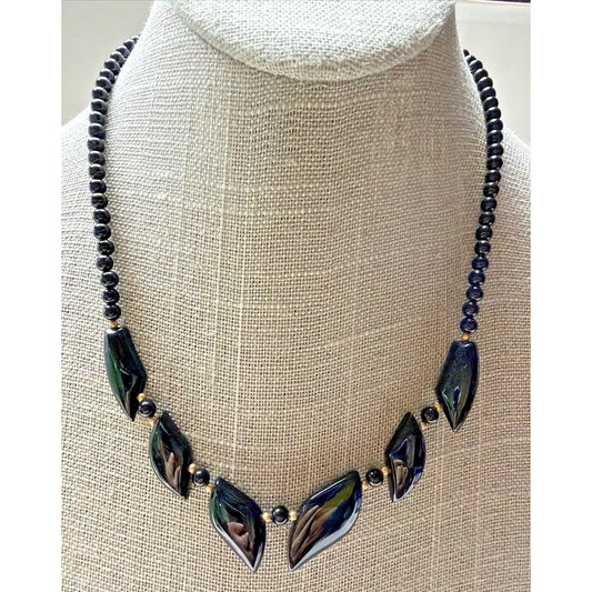 Jet Black Flame Carved Leaf Shape Onyx Bead Gold Spacer Necklace Read Descript