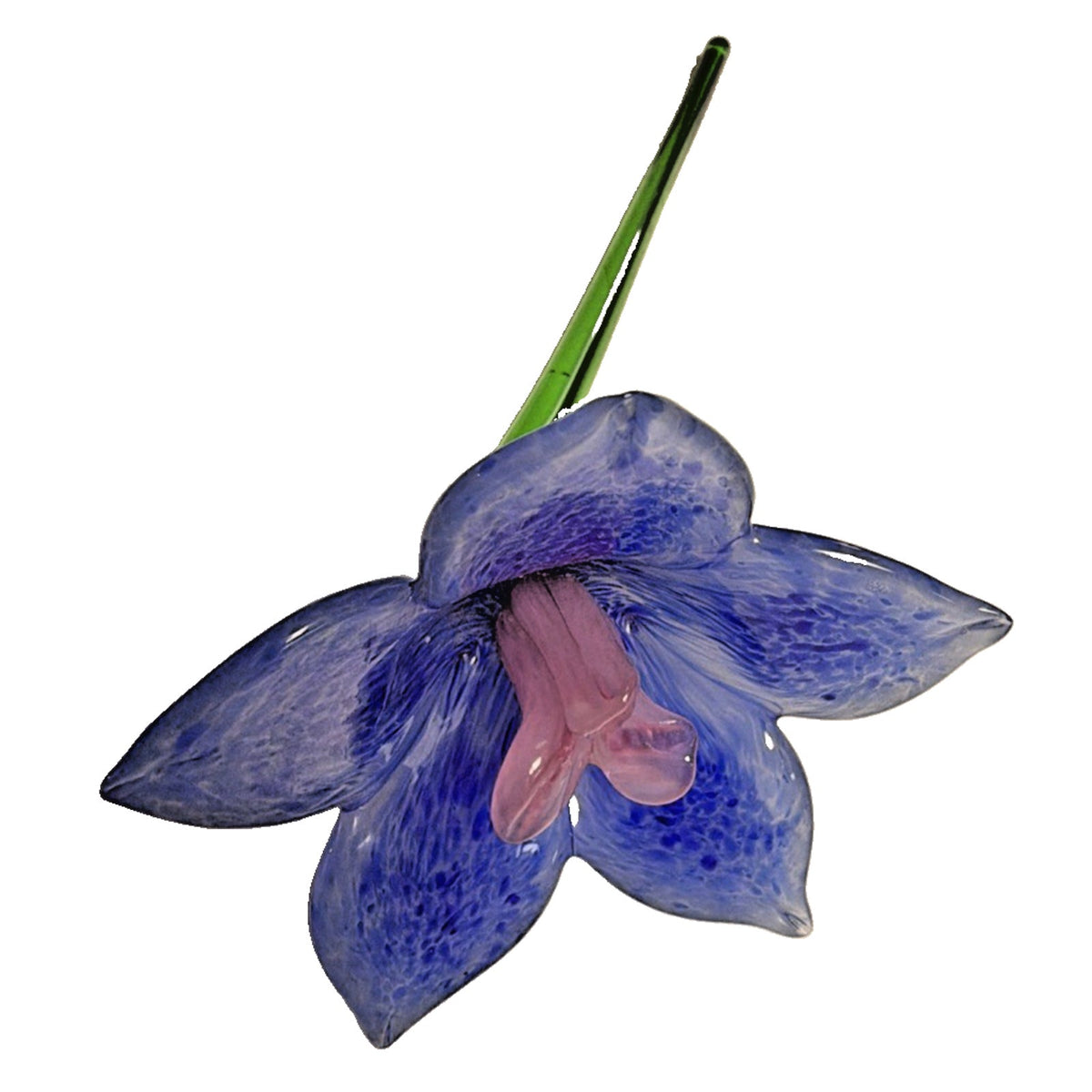 Vtg Hand Blown Art Glass Long Stem Flower Green Stem Blue Mottled Pink Center