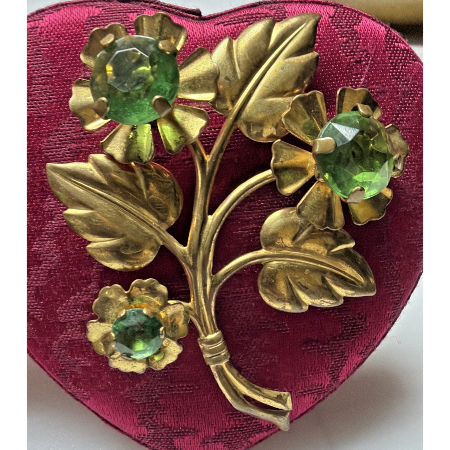 Vintage Large Gold Tone Floral Sprig Spray Brooch Pin Green Rhinestones