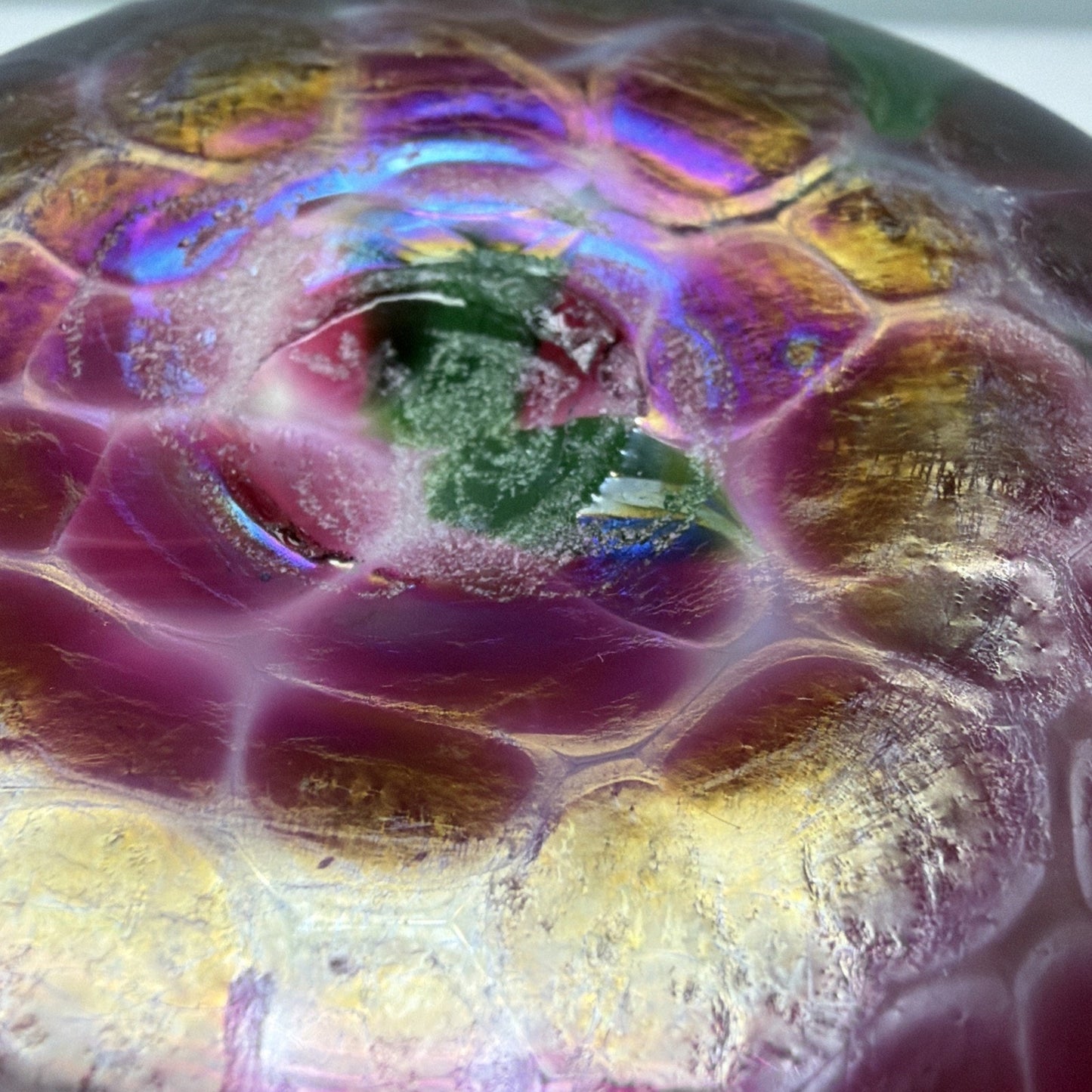 Vintage Blown Glass Bowl Iridescent Mottled Green Cranberry Purple Gold