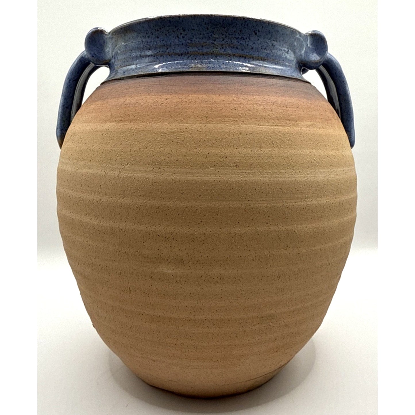 Old Patagonia Pottery Kissinger Double Handle Vase Blue Hibiscus Leaves Signed