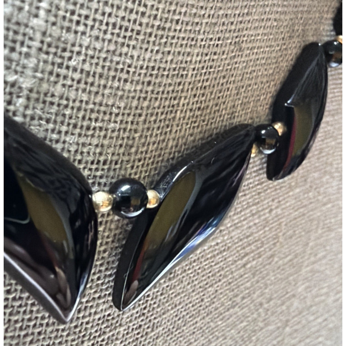 Jet Black Flame Carved Leaf Shape Onyx Bead Gold Spacer Necklace Read Descript