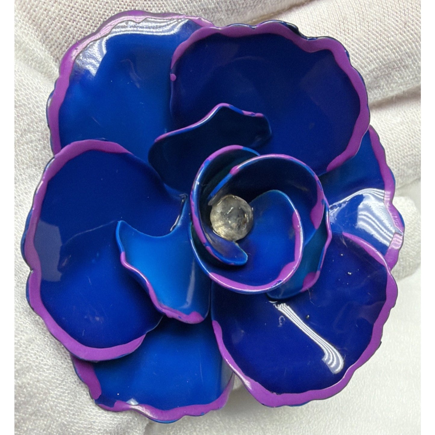 Vintage Blue Metal Purple Enamel Flower Bloom Pin Brooch Large