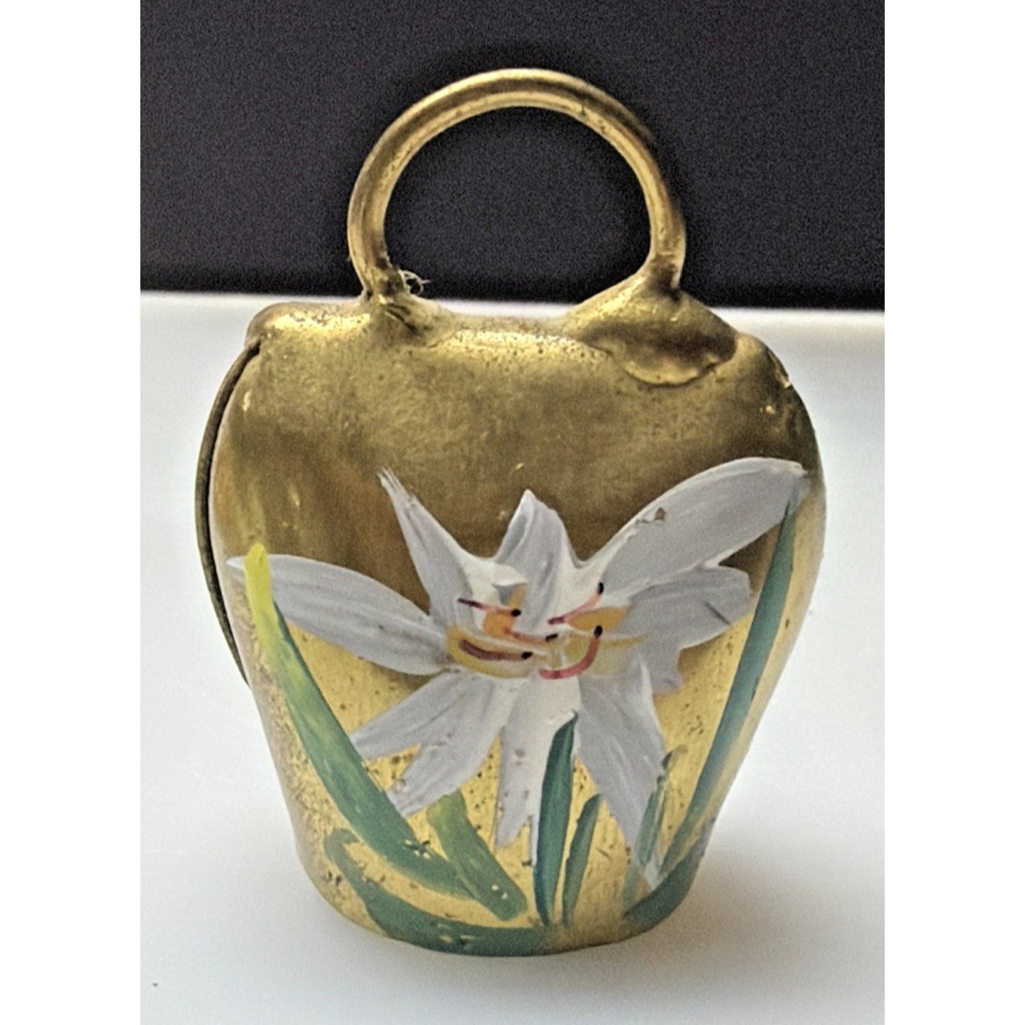 Vtg Gold Metal Brass Cow Bell Hand Painted Flower Floral Signed Liechtenstein