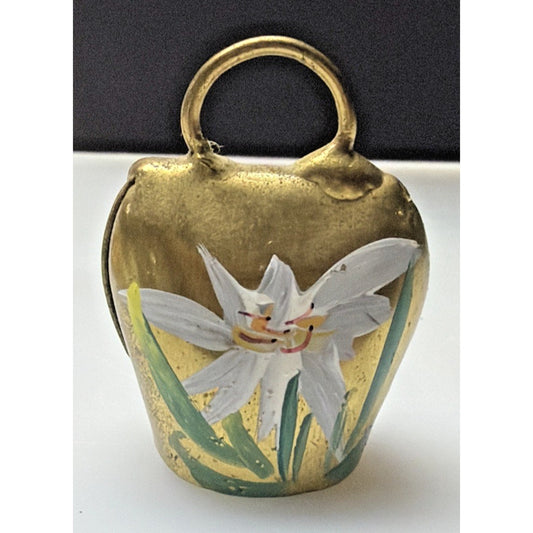 Vtg Gold Metal Brass Cow Bell Hand Painted Flower Floral Signed Liechtenstein
