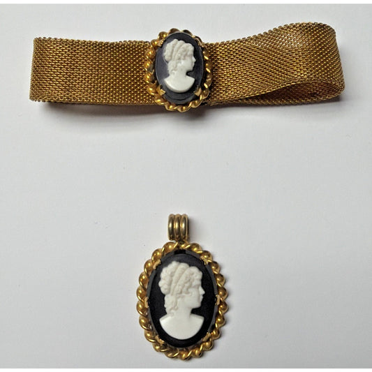 Vintage Lot of 2 Cameo Mesh Bracelet Black Gold Tone Pendant Twisted Frame