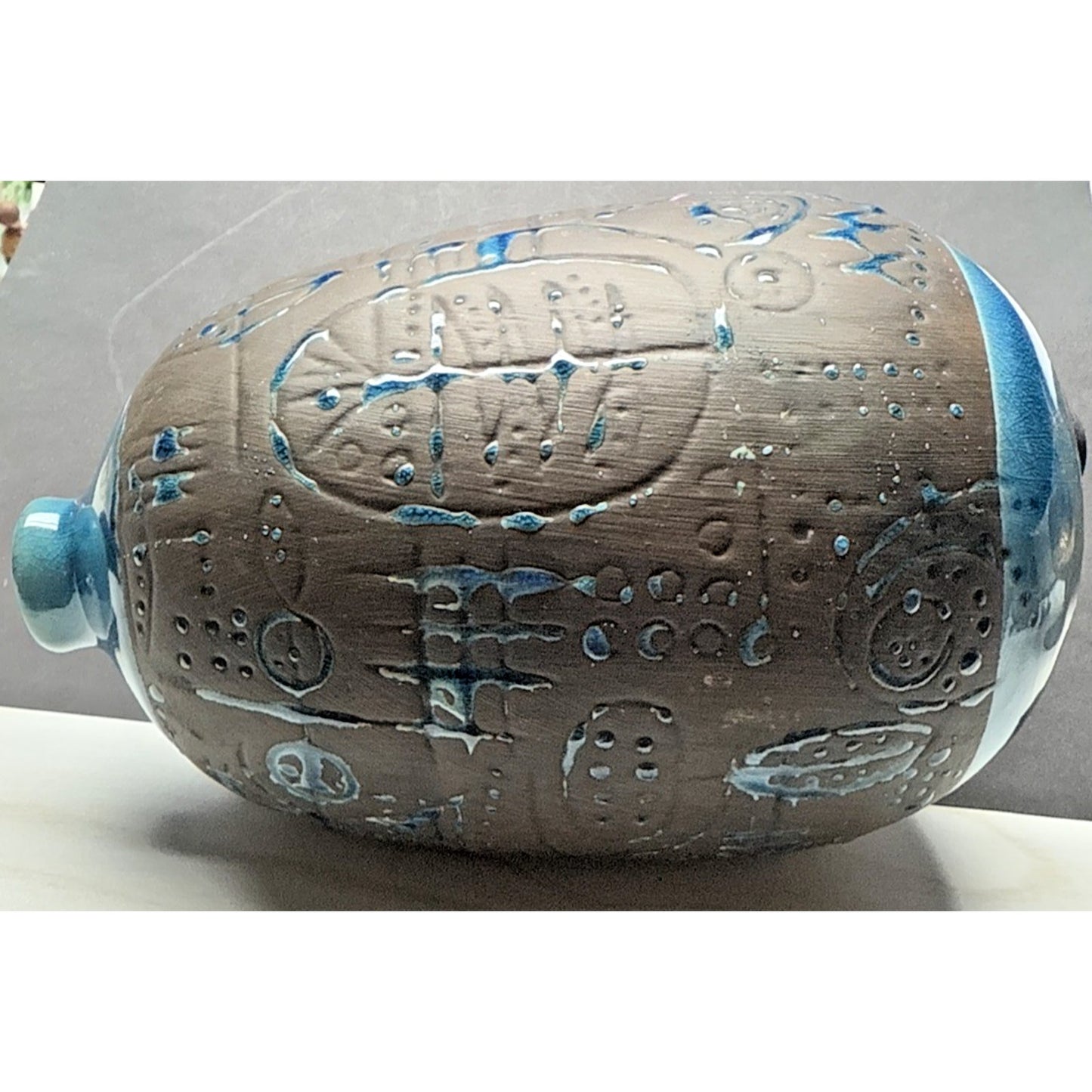 Contemporary Ashluxe Handmade Ceramic Table Vase Script Blue Brown Crackle As Is