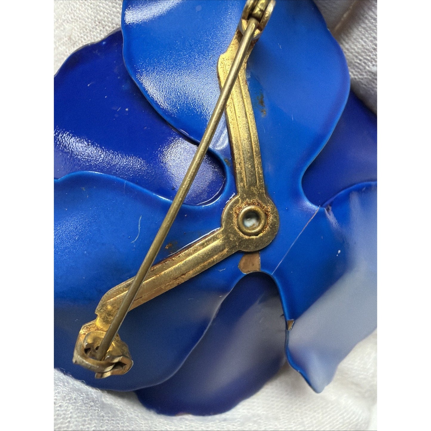 Vintage Blue Metal Purple Enamel Flower Bloom Pin Brooch Large