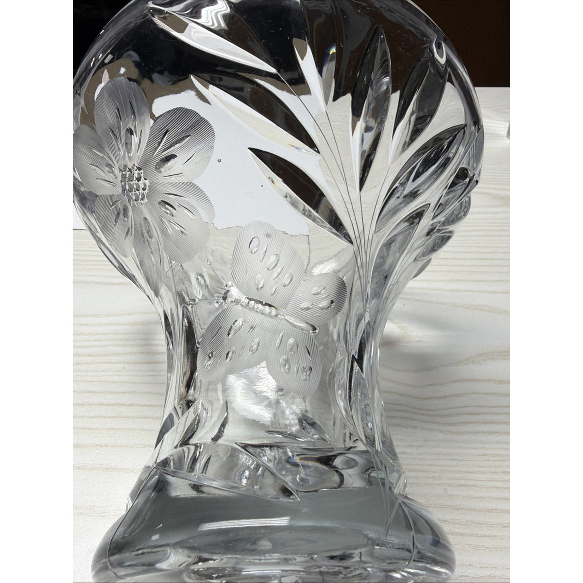ABP Pairpoint Glass Cut Crystal Murillo Butterfly Daisy Vase Corset Trumpet Flar