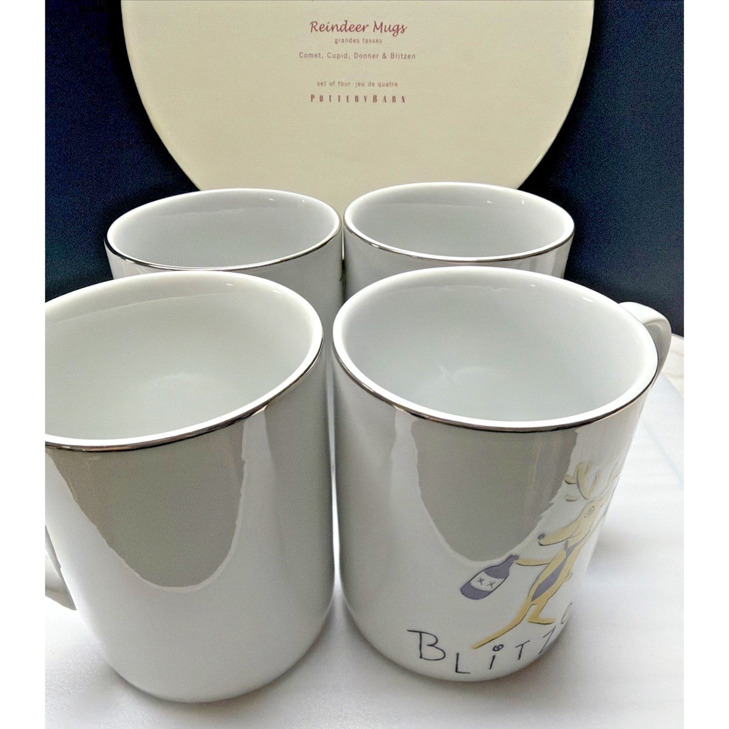 Pottery Barn Set of 4 Reindeer Mugs Box Williams Sonoma Comet Donner Blitzen Cup