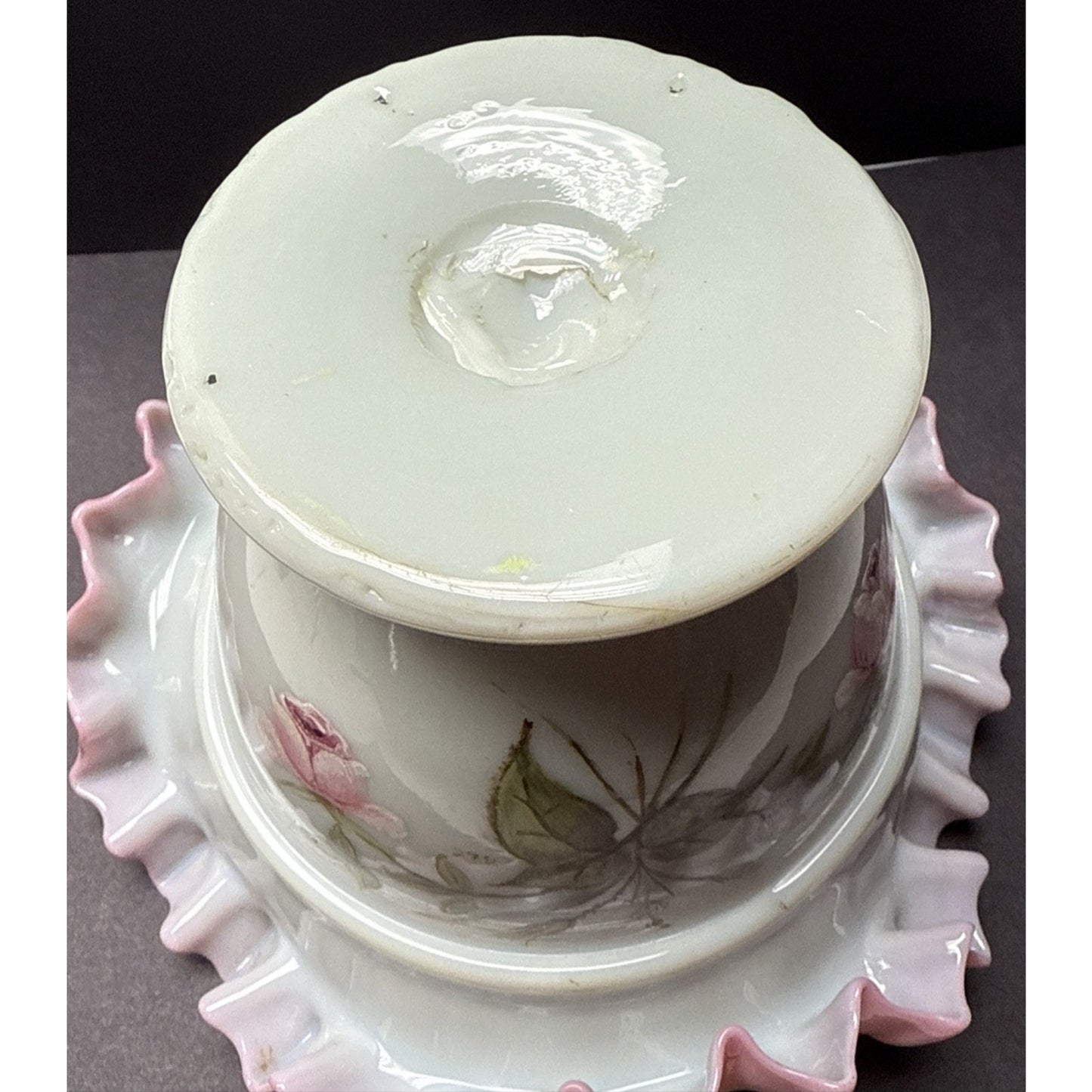 Victorian Peach Blow Vase Bowl Crimped Edge Enameled Floral Footed Signed As-Is