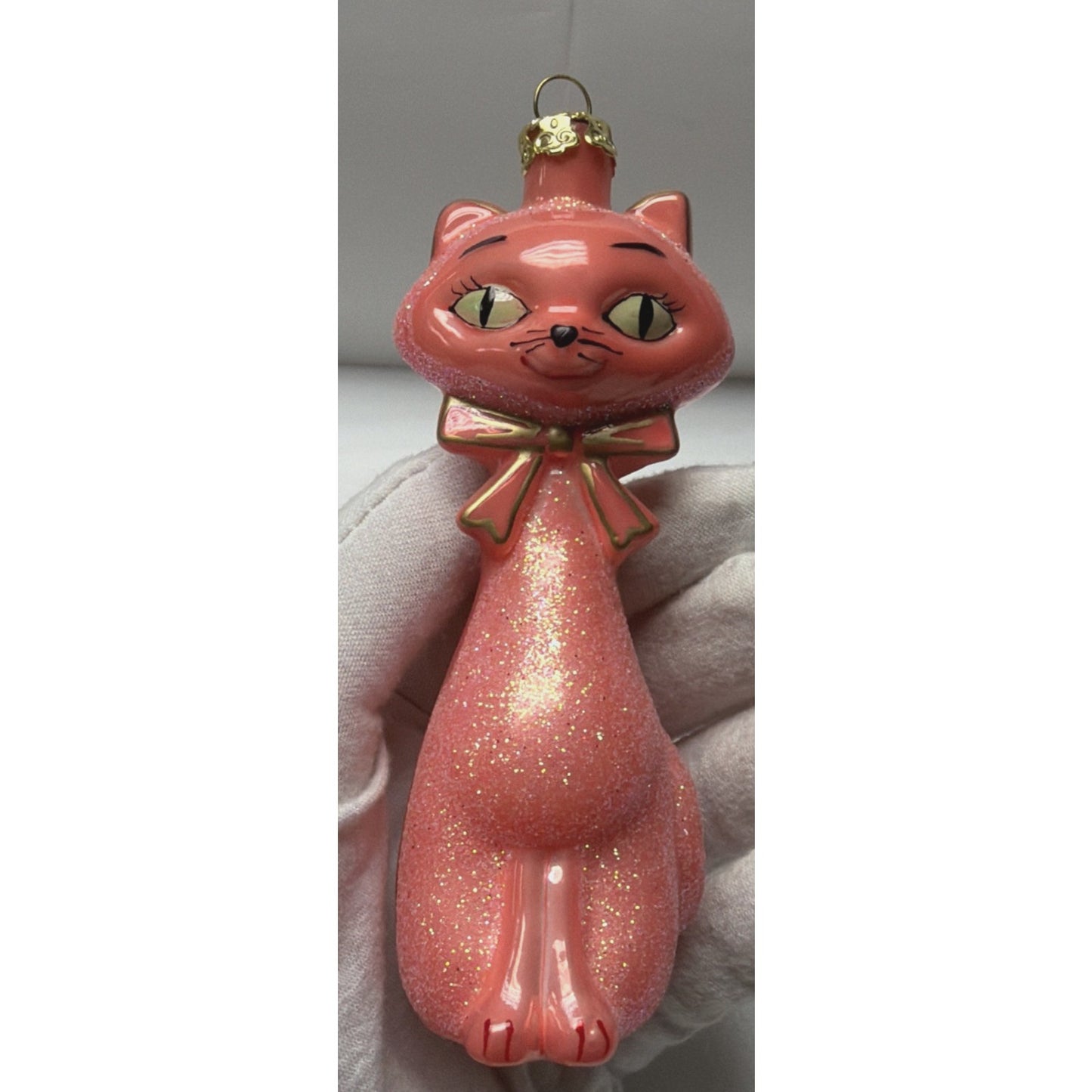 MCM Cody Foster Kitschy Kitten Glass Cat Ornament Coral Glitter