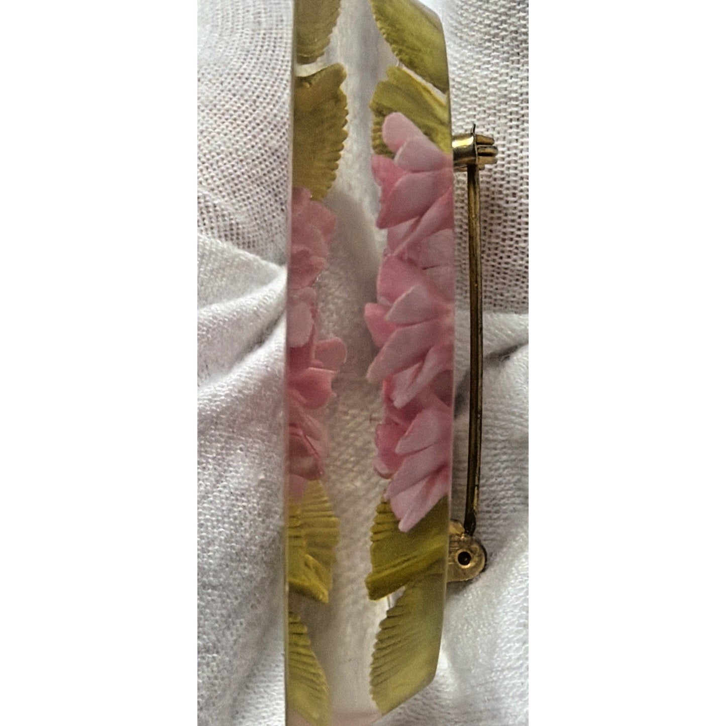 Vintage Clear Lucite Pin Brooch Rose Flower Bud Floral Pink Green Leaves
