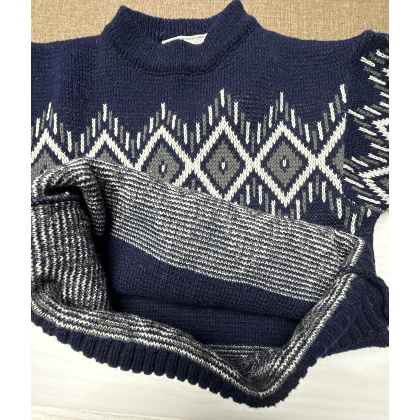 Vtg Skjaeveland Algard Norwegian Design Sweater Wool Childs Sz 6 Navy Gray White