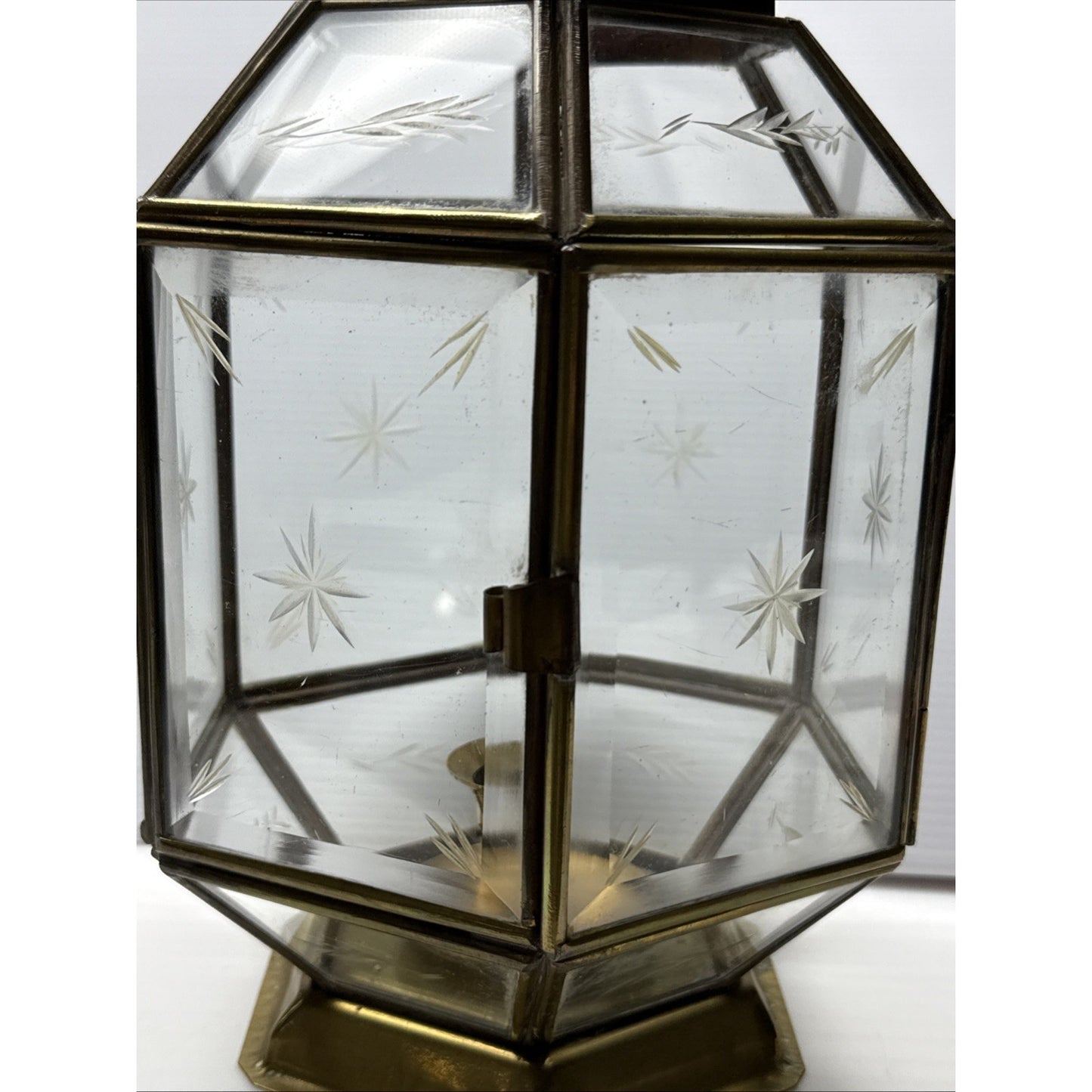 Vintage Yuksel Lambalari Turkish Shepard Brass Candle Lantern Lamp Etched Glass