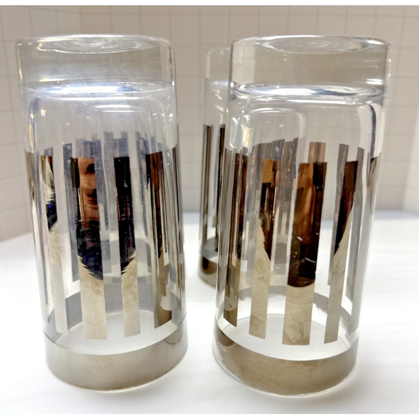 MCM Lot of 4 Dorothy Thorpe Silver Striped 5.5 in Highball Tumblers