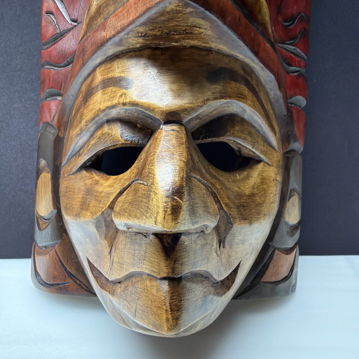 Vintage Mayan Aztec Carved Hand Painted Warrior Chief Mask Totem Tiki Wall Art