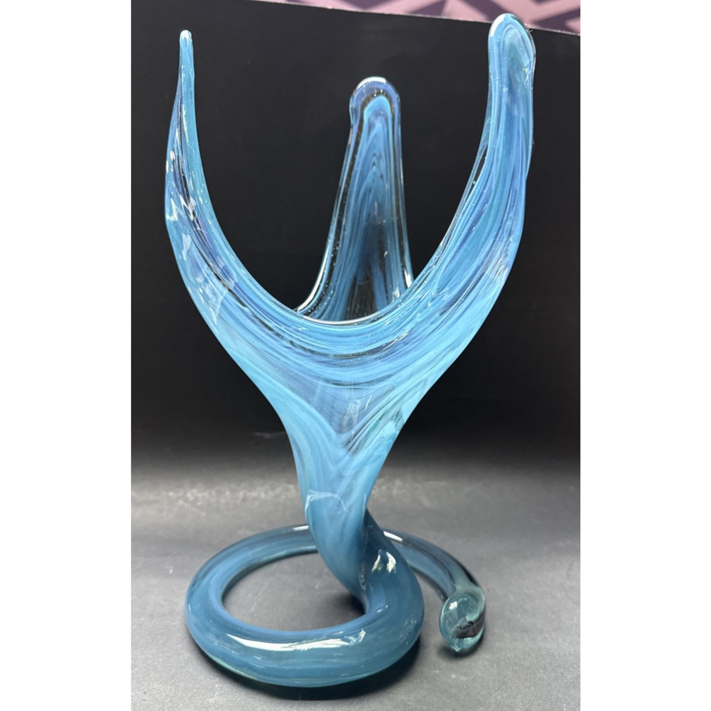 MCM Sooner Art Glass Tulip Trumpet Vase Blue Green Spiral Coiled Base 12" Read