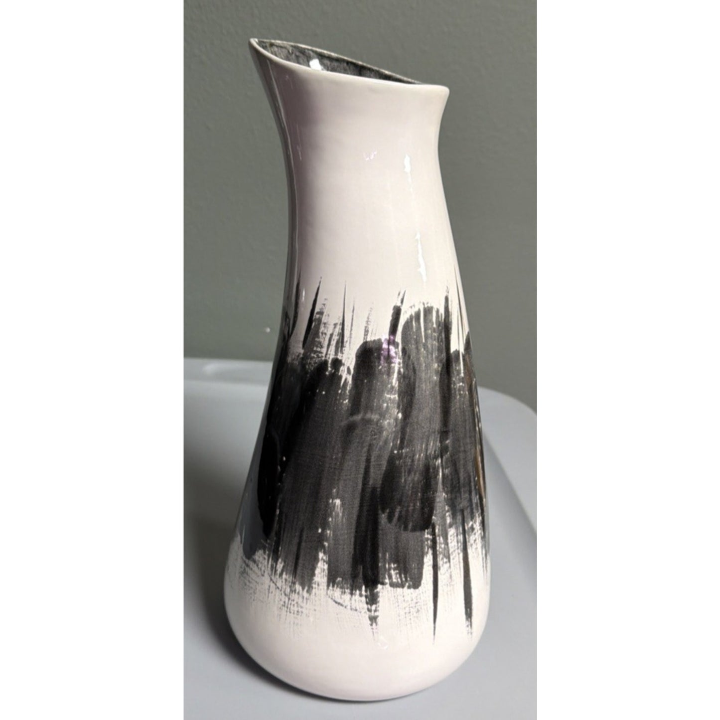 MCM Abstract Art Pottery Vase Black White Brushed Glazed Asymmetrical Signed