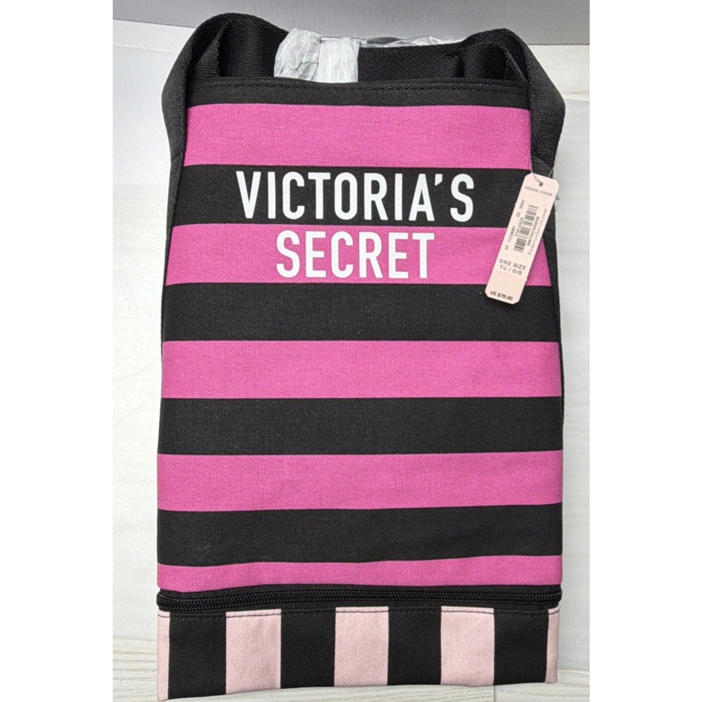 Victoria’s Secret Iconic Canvas Pink Black Striped Weekender Bag Tote Exandable