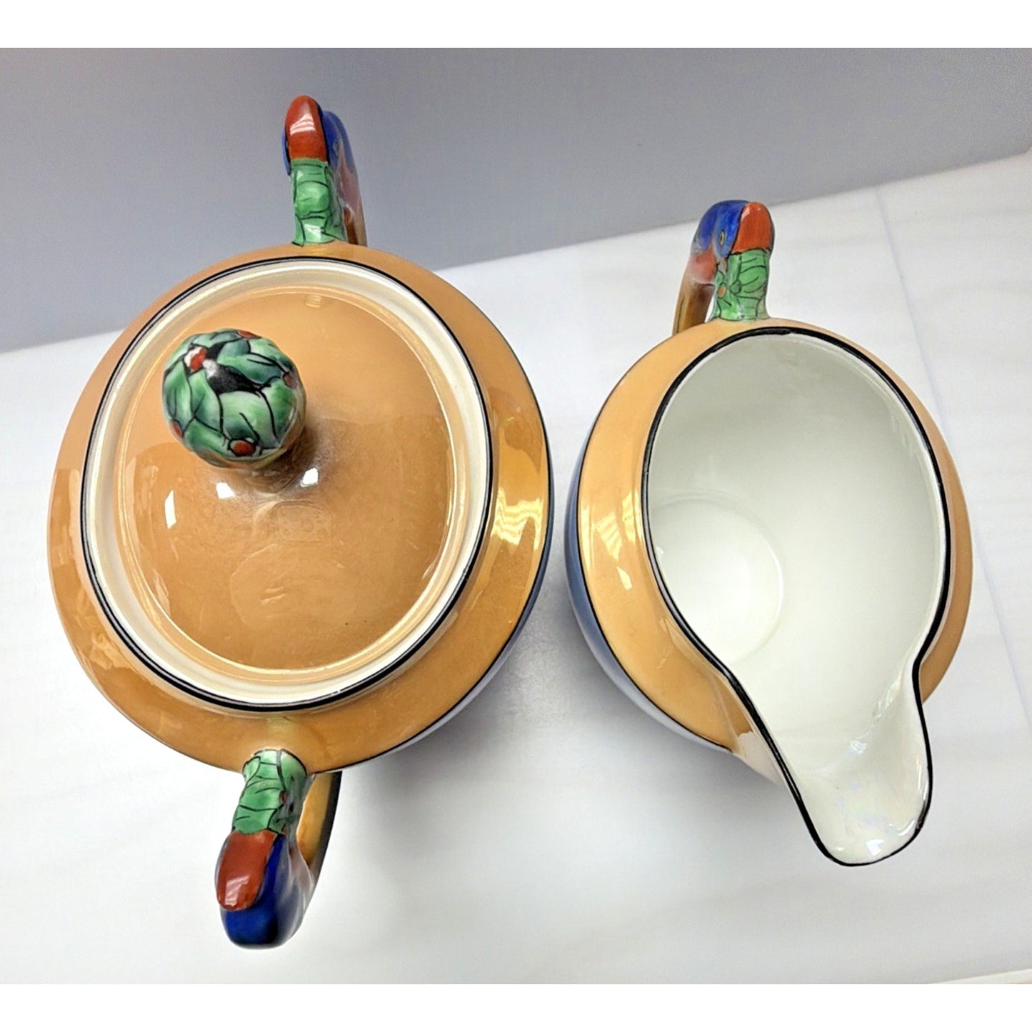 Art Deco Noritake Morimura Lusterware Figural Parrot Handles Creamer Sugar Bowl
