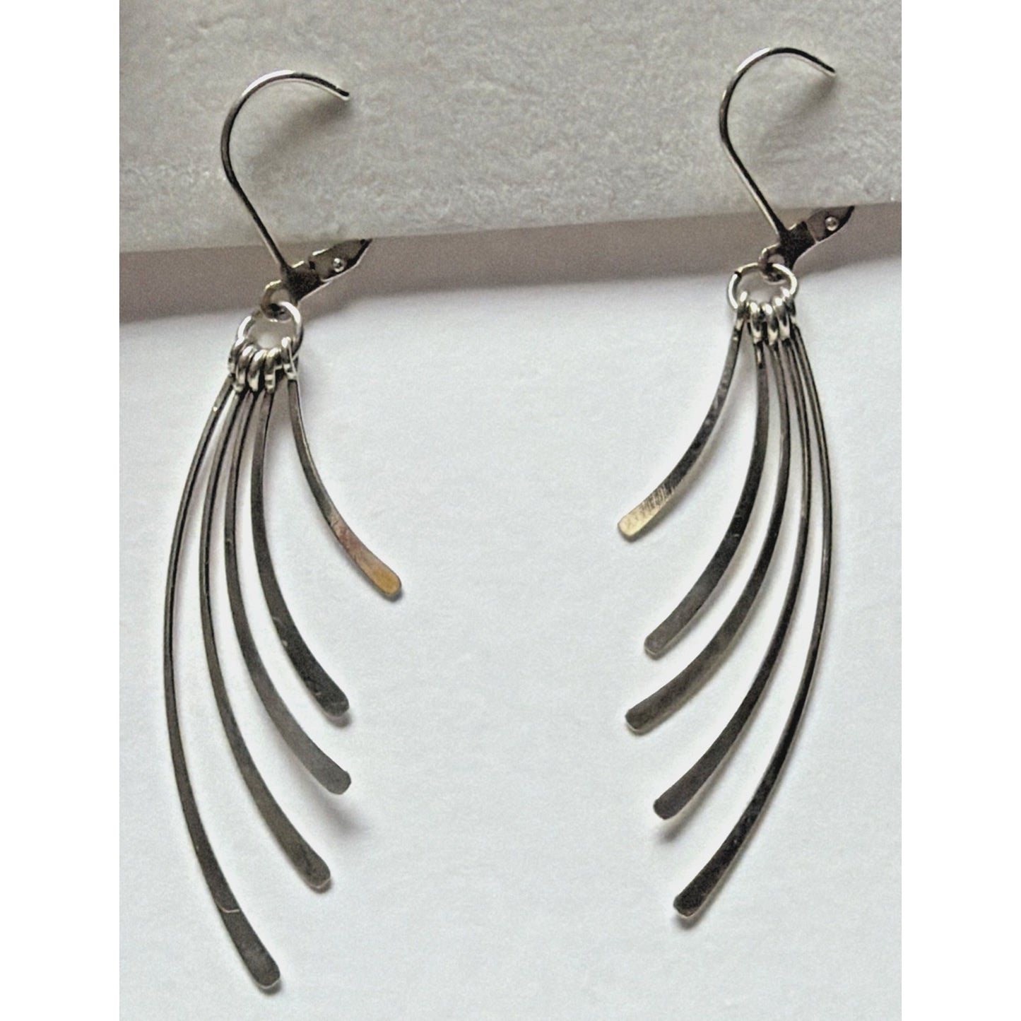 Vintage Sterling Silver Fan Fringe Feather Dangle Hinged Hook Earrings