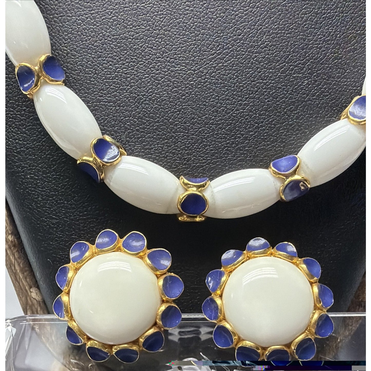 Vtg Crown Trifari White Lucite Blue Enamel Choker Necklace Earrings Set As Is