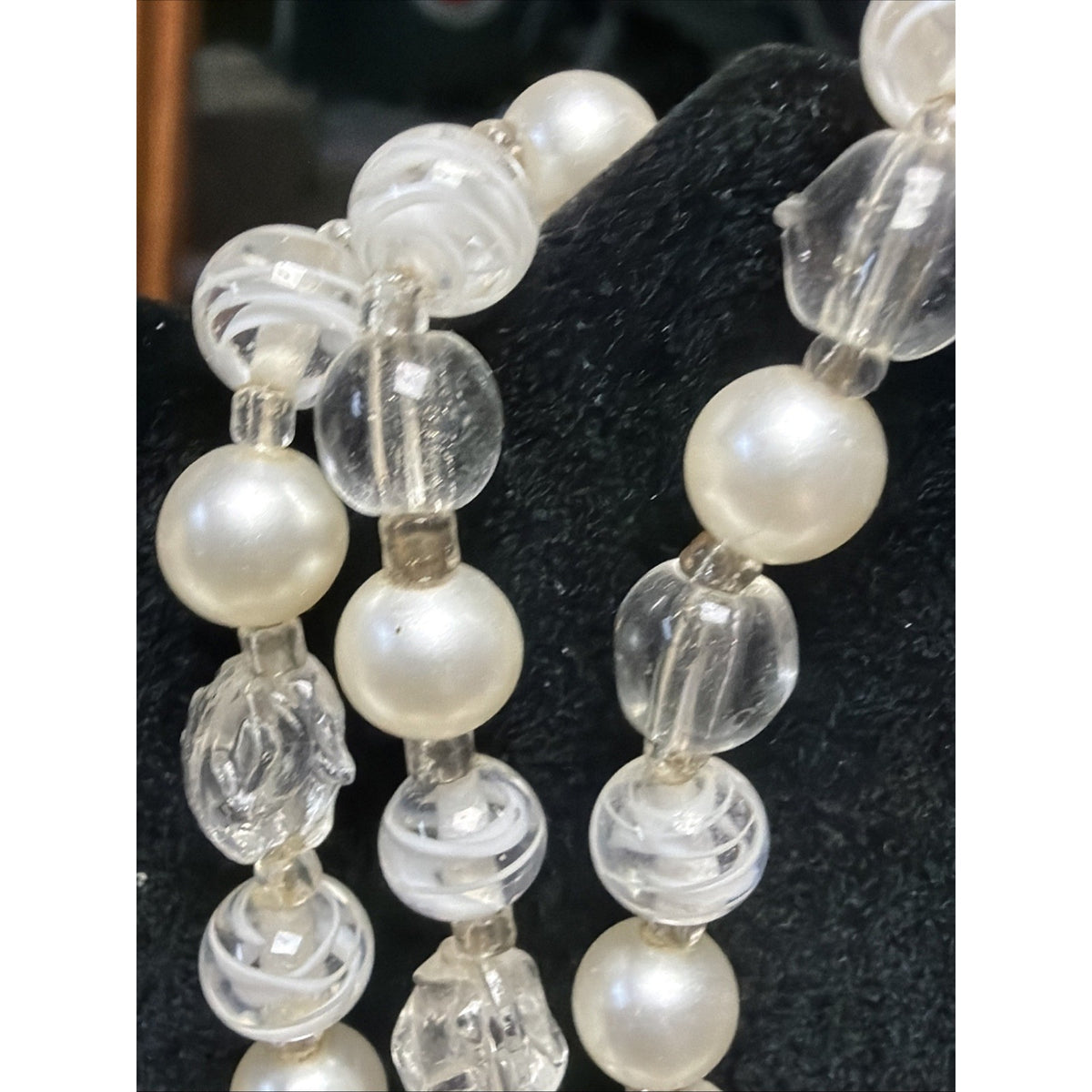 Vintage Japan Multi Strand Beaded Necklace Art Glass Faux Pearl Lucite Molded