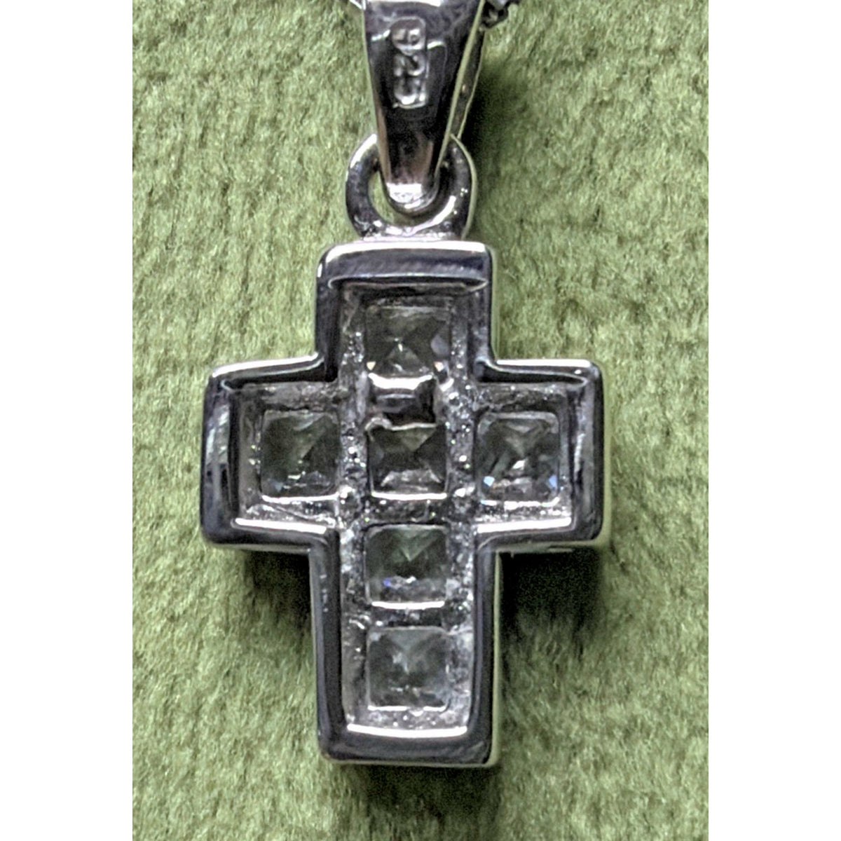 Sterling Silver Religious Cross Pendant Necklace Princess Cut Crystals Box Chain