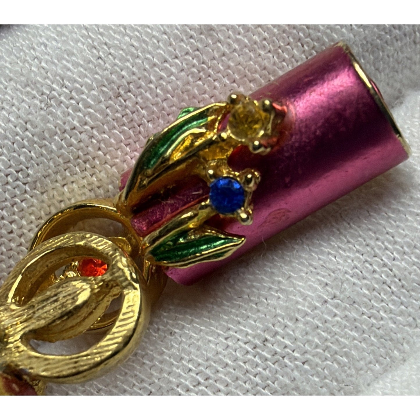 Vintage Enamel Rhinestone Candlestick Candle Earrings Pink Gold Tone