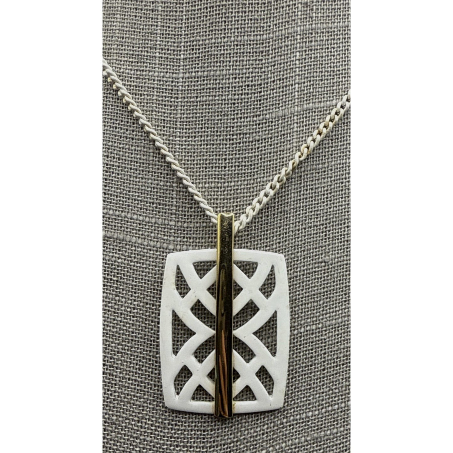 Vintage Crown Trifari Modernist White Enamel Necklace Pendant Gold Geometric