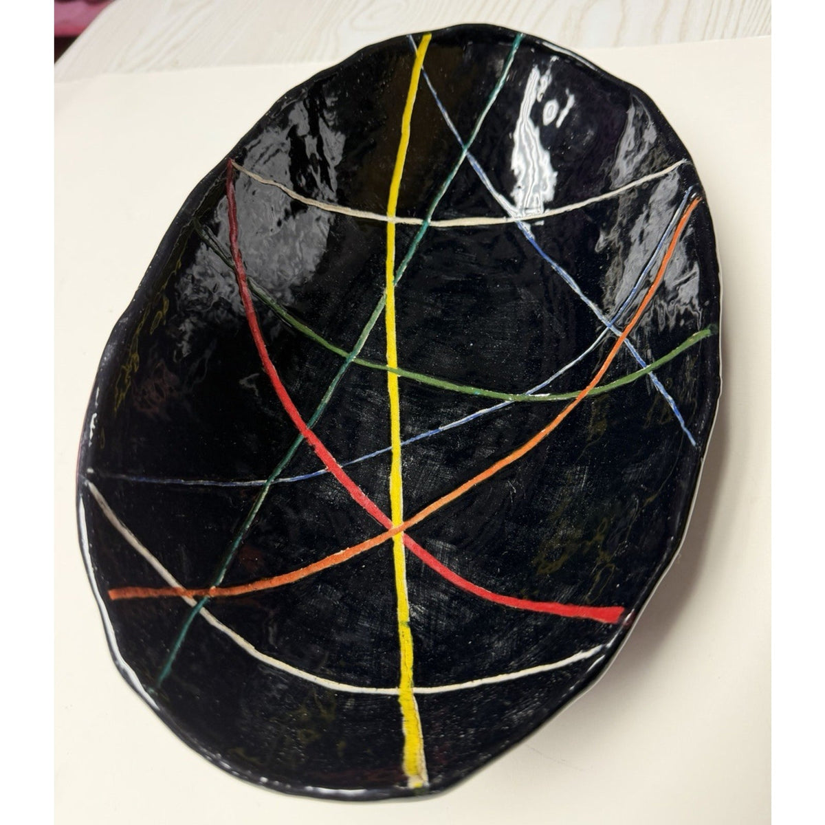 Studio Art Pottery Black Glazed Bowl Modernist Geometric Abstract Lines Read