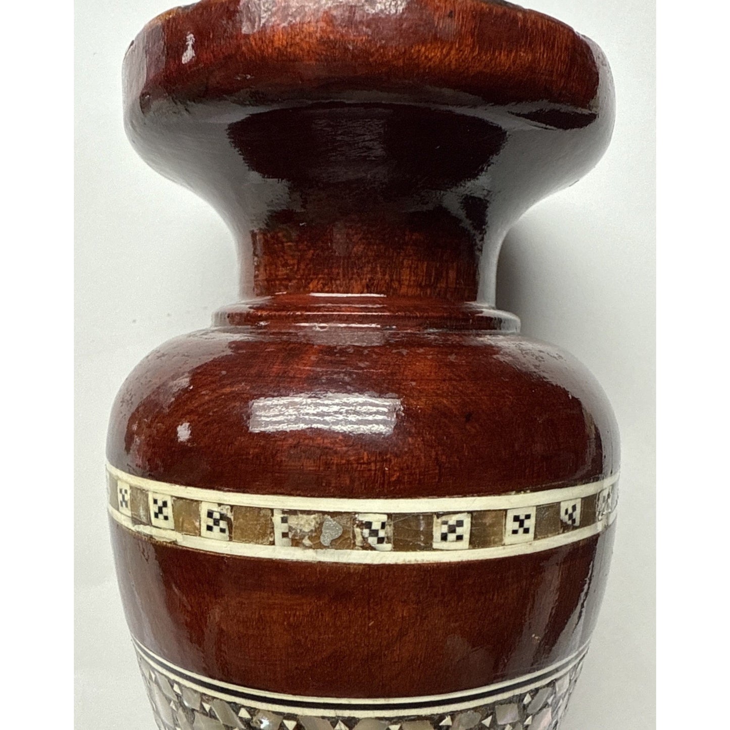 Vtg Egyptian Beechwood Inlaid Mother of Pearl Abalone Vase Mosaic Pattern As-Is