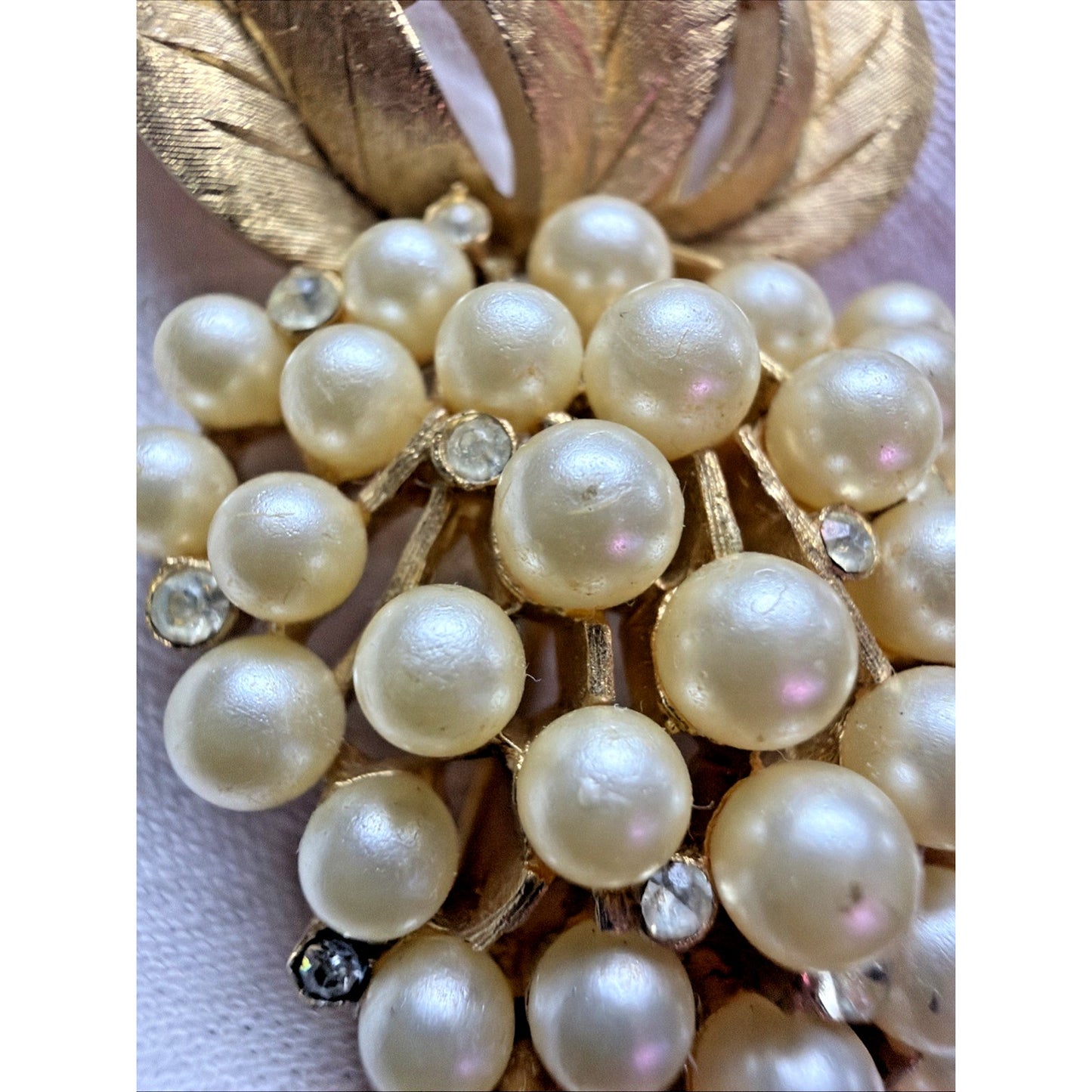 Vintage Crown Trifari Faux Pearl Rhinestone Grape Cluster Brooch Pin Gold Tone