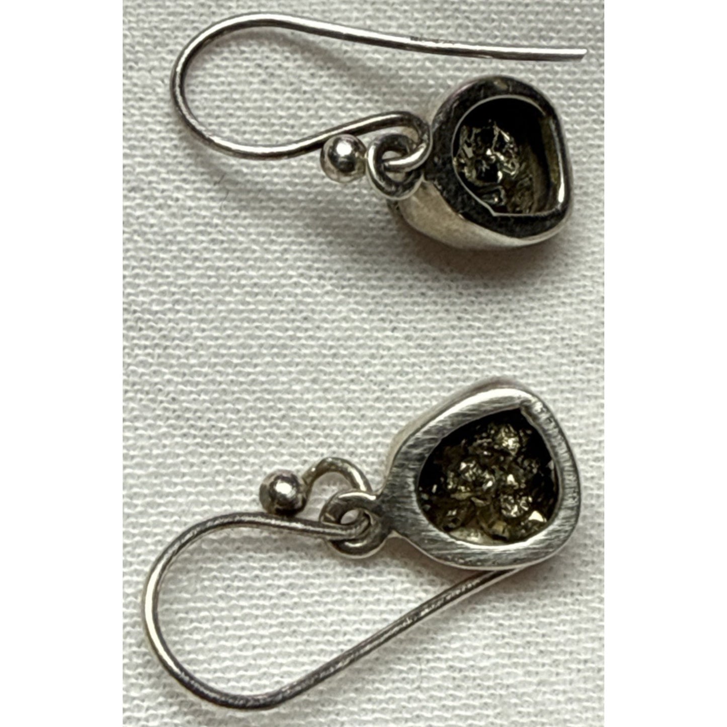 Vintage NC 925 Sterling Silver Rough Pyrite Druzy Bezel Dangle Earrings